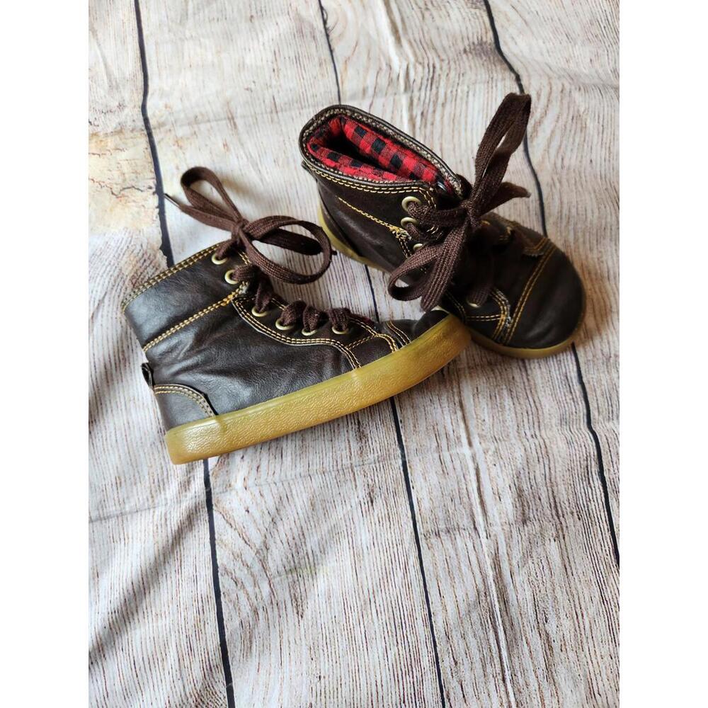 Kids Brown High-Top Sneakers with Plaid Lining